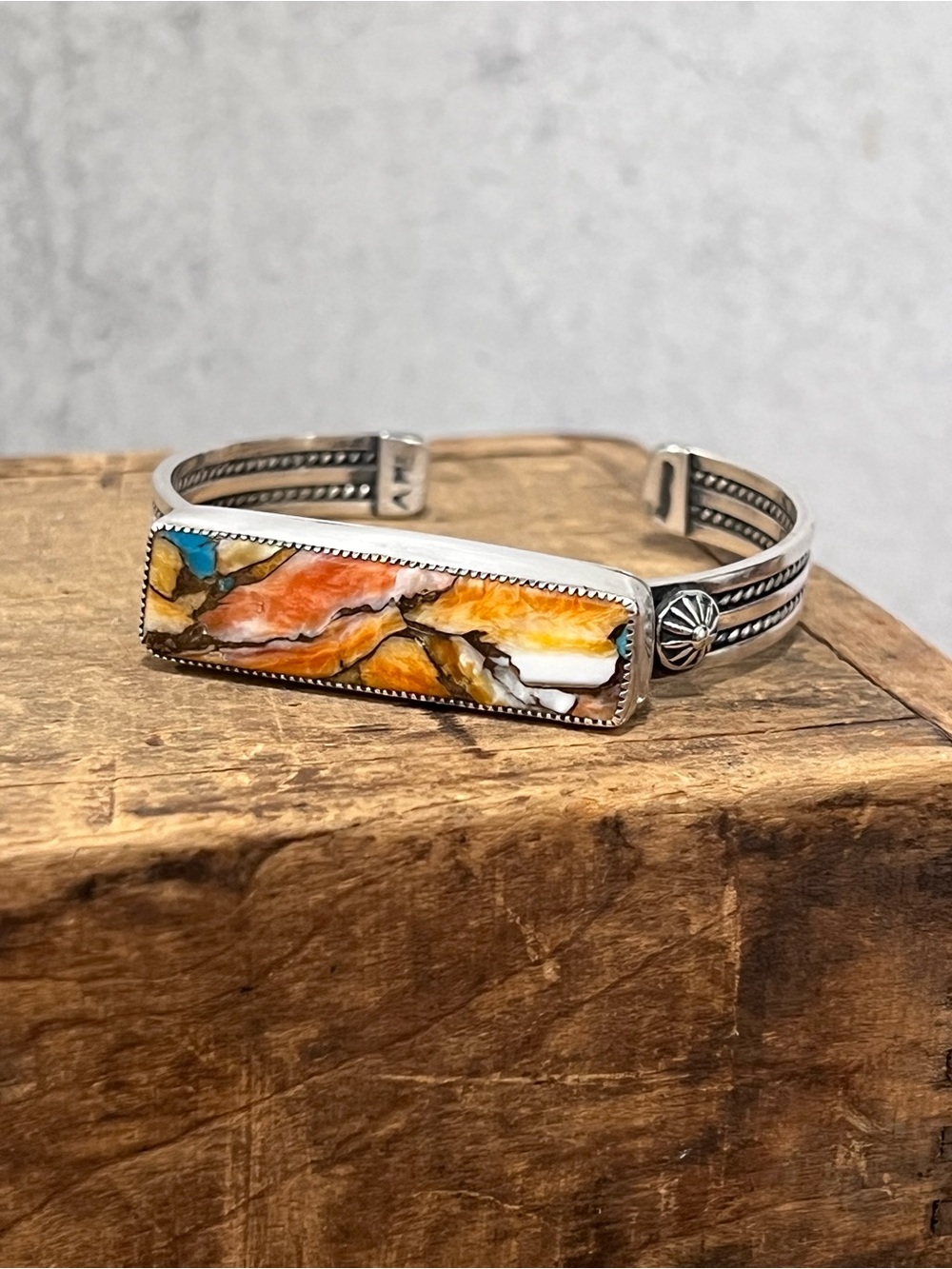 Native American Sterling Silver 925 Orange Spiny Oyster Turquoise Cuff Bracelet